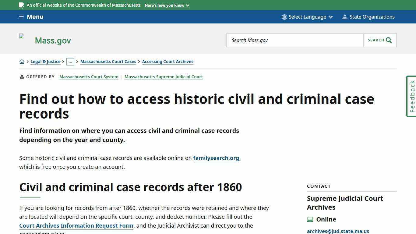 Find out how to access historic civil and criminal case records | Mass.gov