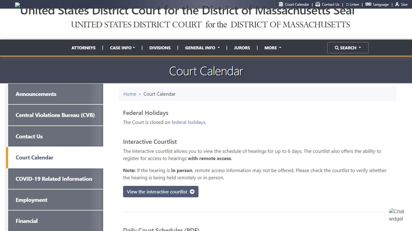 Court Calendar | United States District Court for the District of Massachusetts